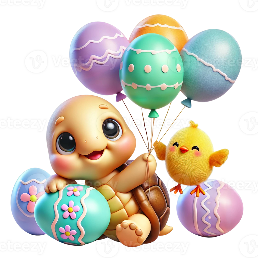 Cute turtle with balloons and Easter eggs brings joy and color. Easter clipart cartoon Easter cartoon character. png