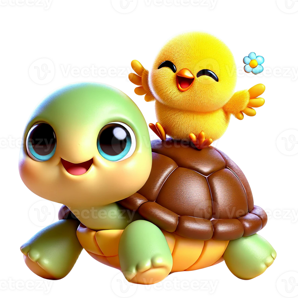 Cute cartoon turtle and cheerful yellow bird sharing joy together. Easter clipart cartoon Easter cartoon character. png