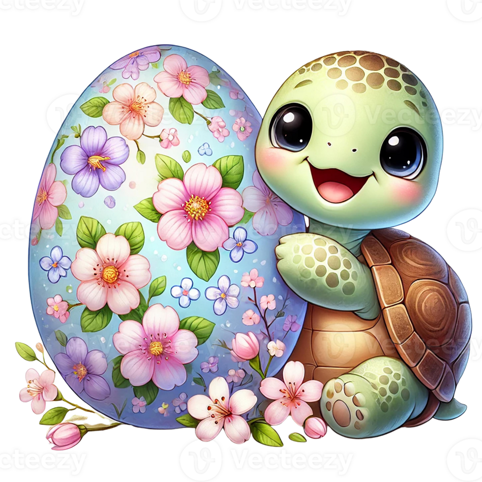 Cute turtle smiling next to a decorative Easter egg. Easter clipart cartoon Easter cartoon character. png