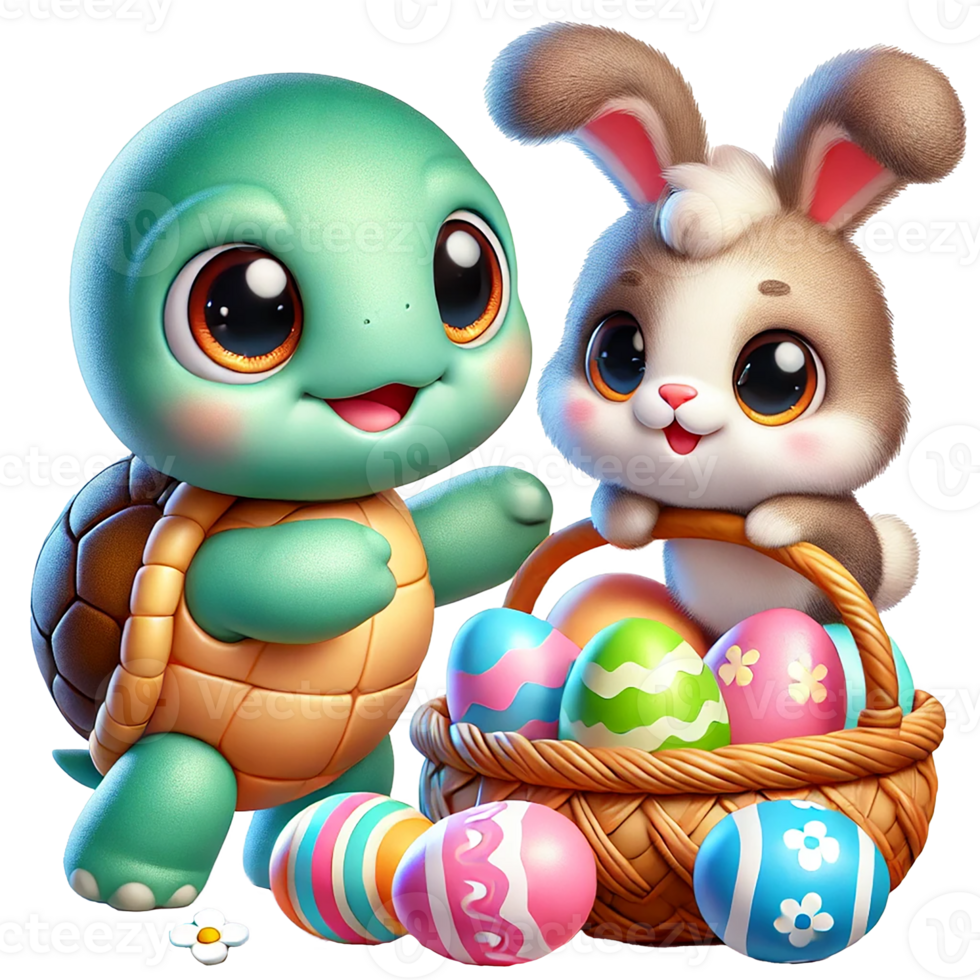 Cute turtle and bunny celebrating Easter with colorful eggs. Easter clipart cartoon Easter cartoon character. png