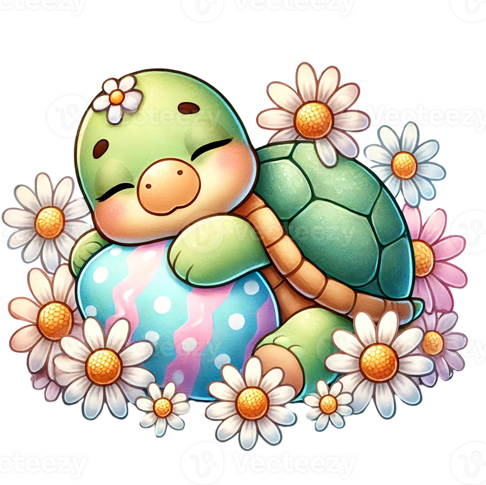 A cute turtle resting on a colorful egg surrounded by flowers. Easter clipart cartoon Easter cartoon character. png