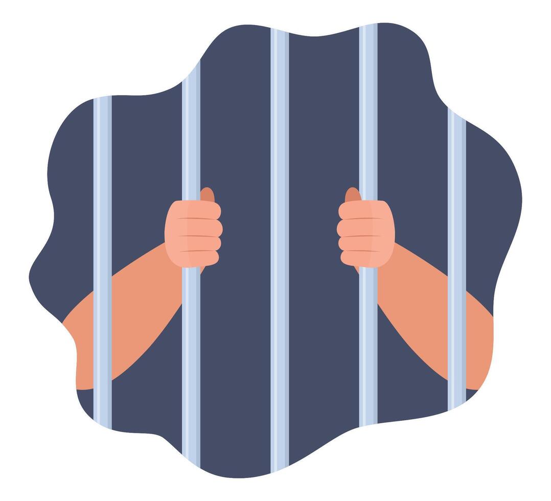 Human hands holding prison bars. Human in jail in handcuffs. Arms of male prisoner in handcuffs holding jail bars. Hands of criminal person serve sentence in prison. Arrested guilty man. . vector