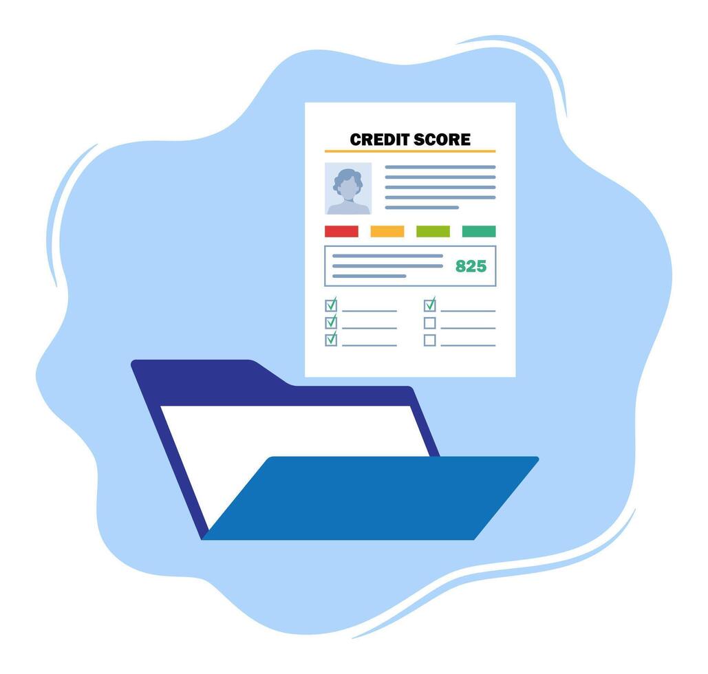 Credit score report in opened blue folder. Finance history. Business report concept. Credit rating. illustration. vector
