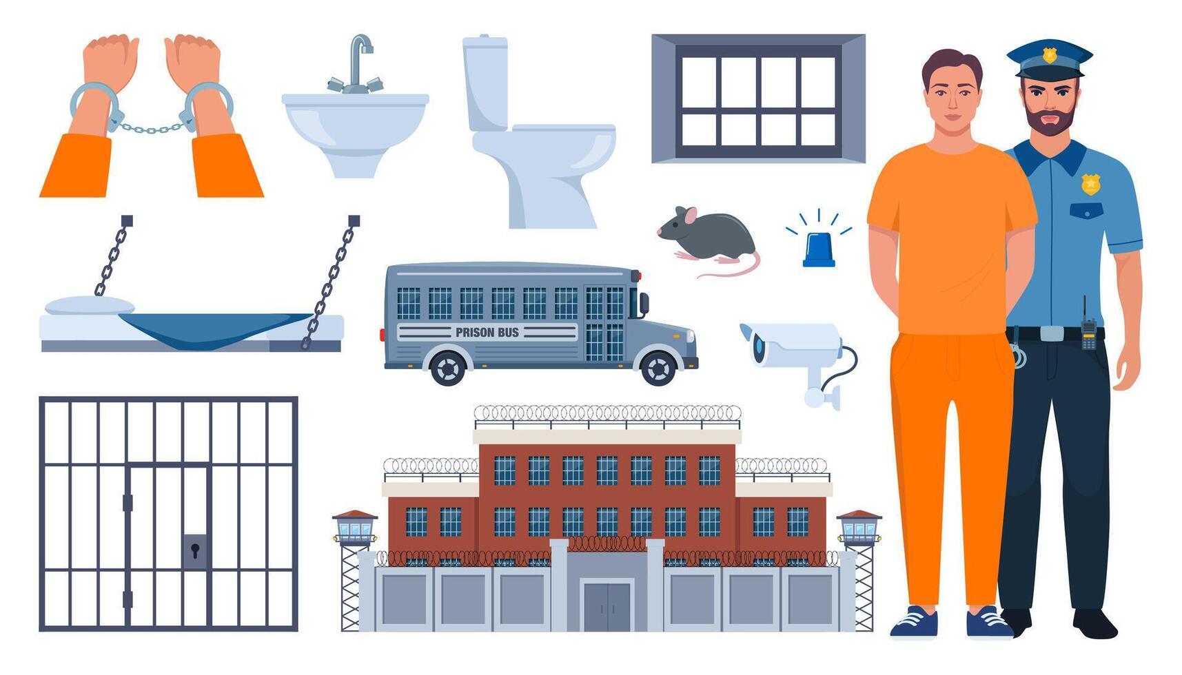 Man police officer holding handcuffed criminal woman in orange prison uniform. Prison elements. Penitentiary system icons. illustration. vector