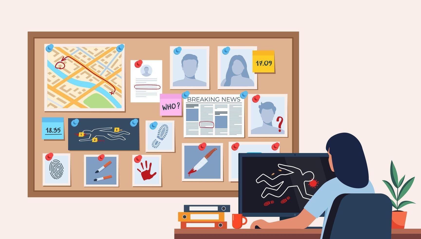 Investigation department office with investigation board. Woman police officer viewing crime scene on computer screen, analyze criminal case information. illustration. vector