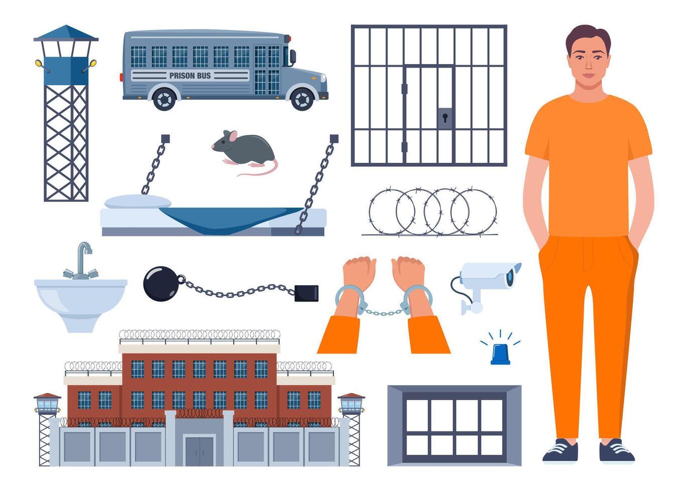Prison set of elements. Observation tower, bed, prisoner, window, prison bars, toilet bowl, sink, jail cell, rat, barbed wire, hands in handcuffs, security camera. Penitentiary system icons. . vector