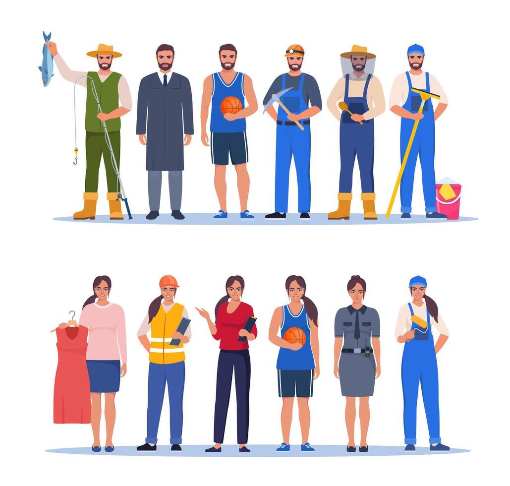 Jobs and professions set. Men and women in uniforms, different occupation, work. Same man and woman characters in different occupations. illustration. vector