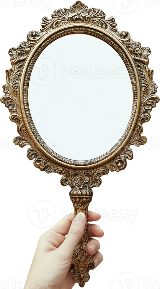 A person holding a mirror with a gold frame png