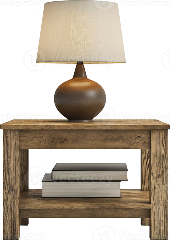 A wooden table with a lamp on top png