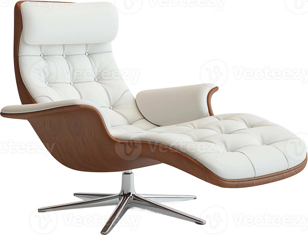 A modern white leather recliner chair with wooden legs png