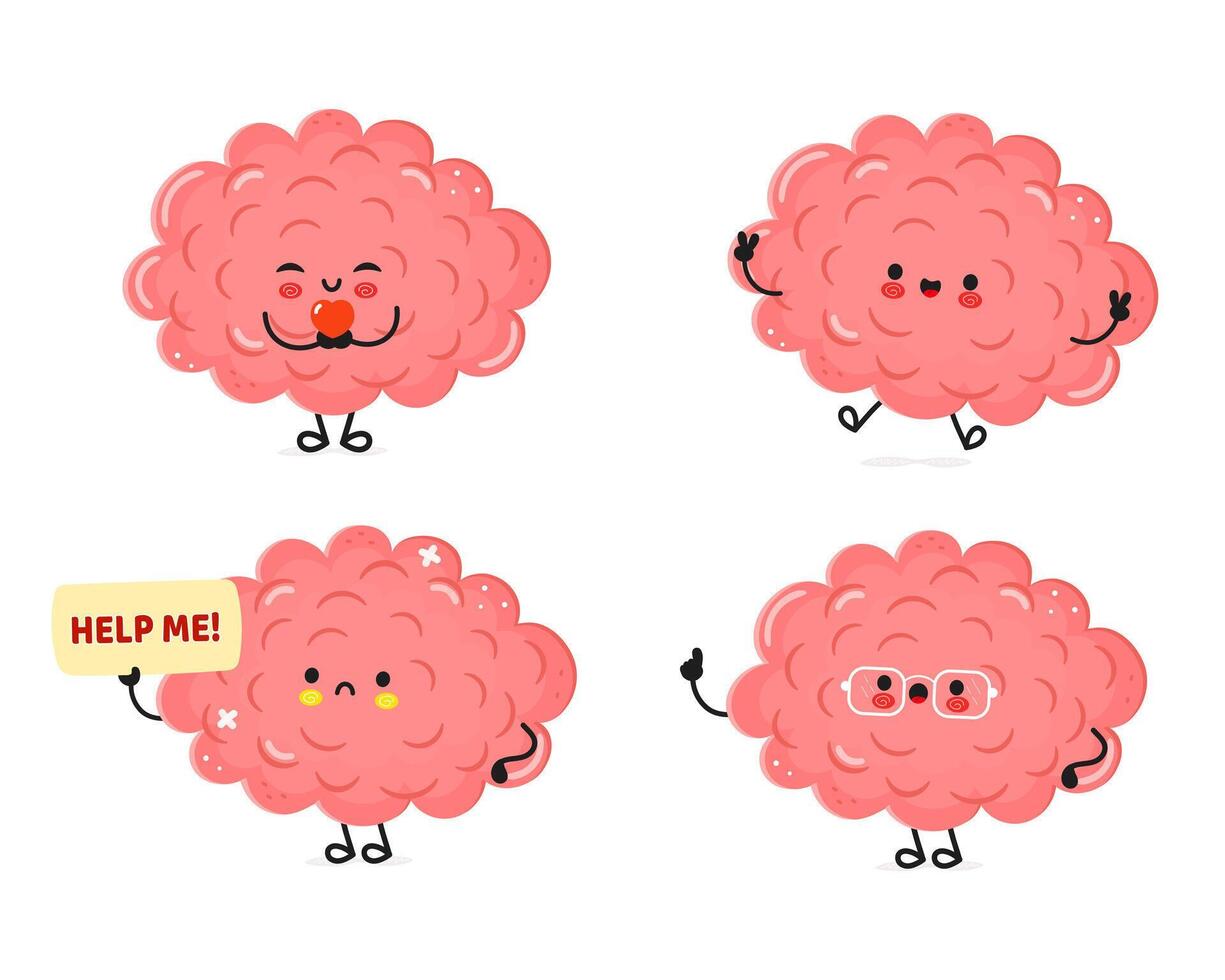 Funny Brain characters bundle set. hand drawn doodle style cartoon character illustration icon design. Cute Brain mascot characters vector