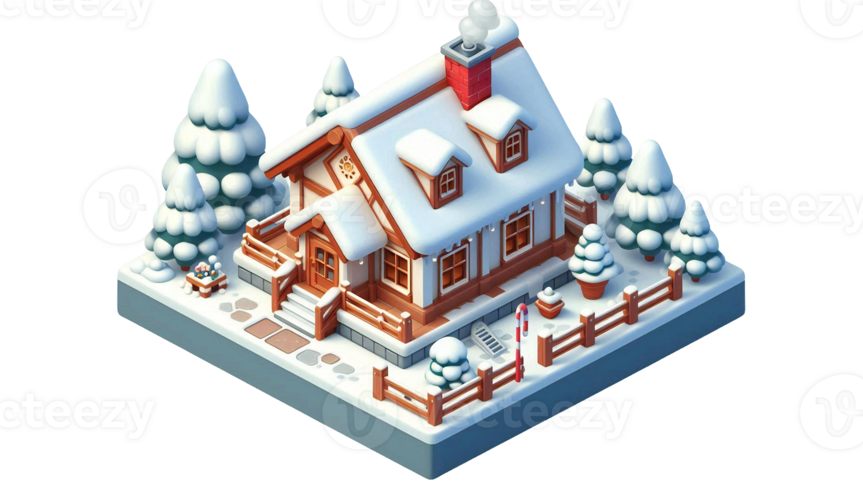 Isometric of Winter House with Snowy Trees. png
