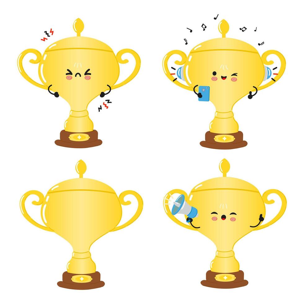 Golden trophy cup characters bundle set vector