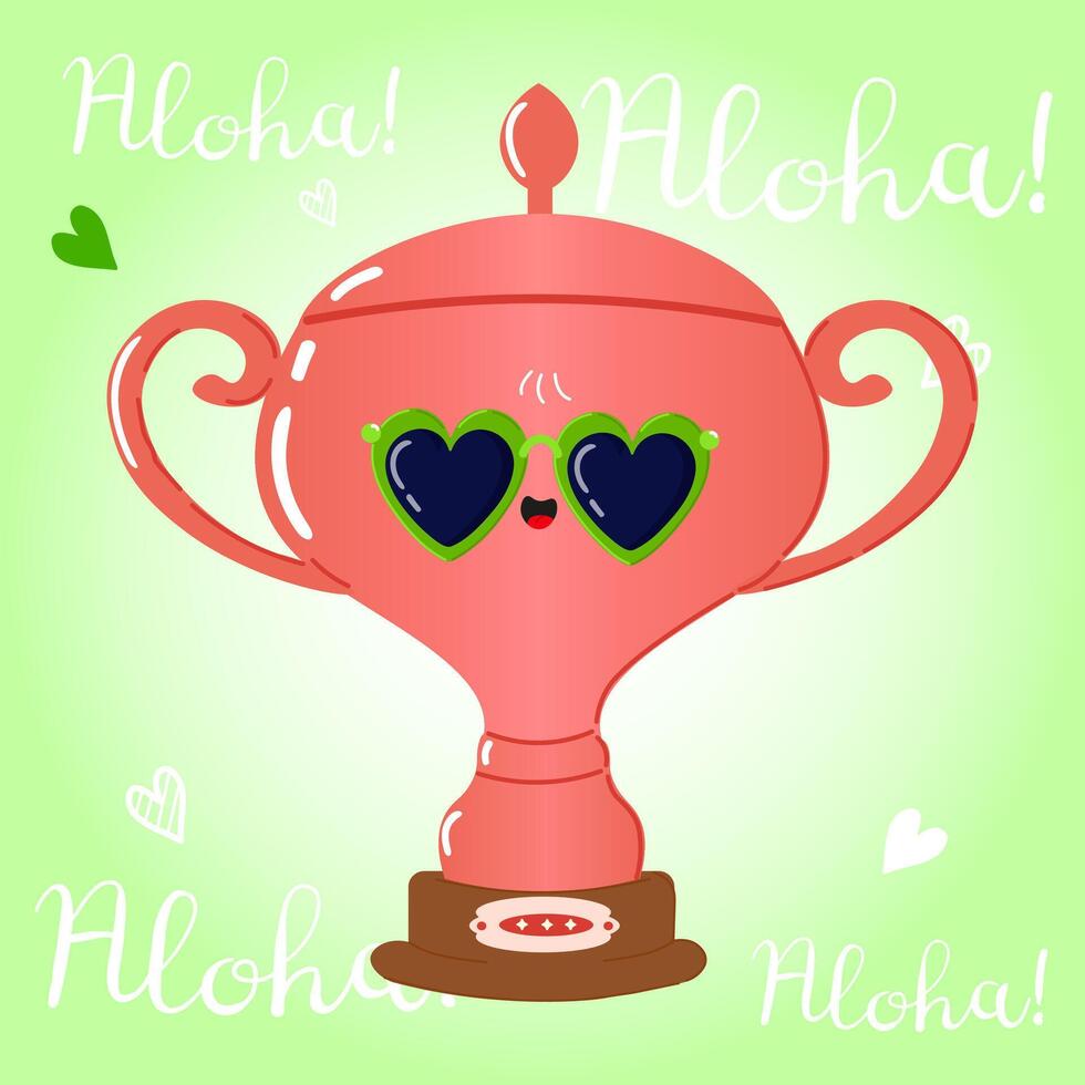 Cute cartoon Golden trophy cup wearing heart-shaped sunglasses on a light background. hand drawn cartoon kawaii character illustration. Silver trophy cup character concept. Aloha card vector