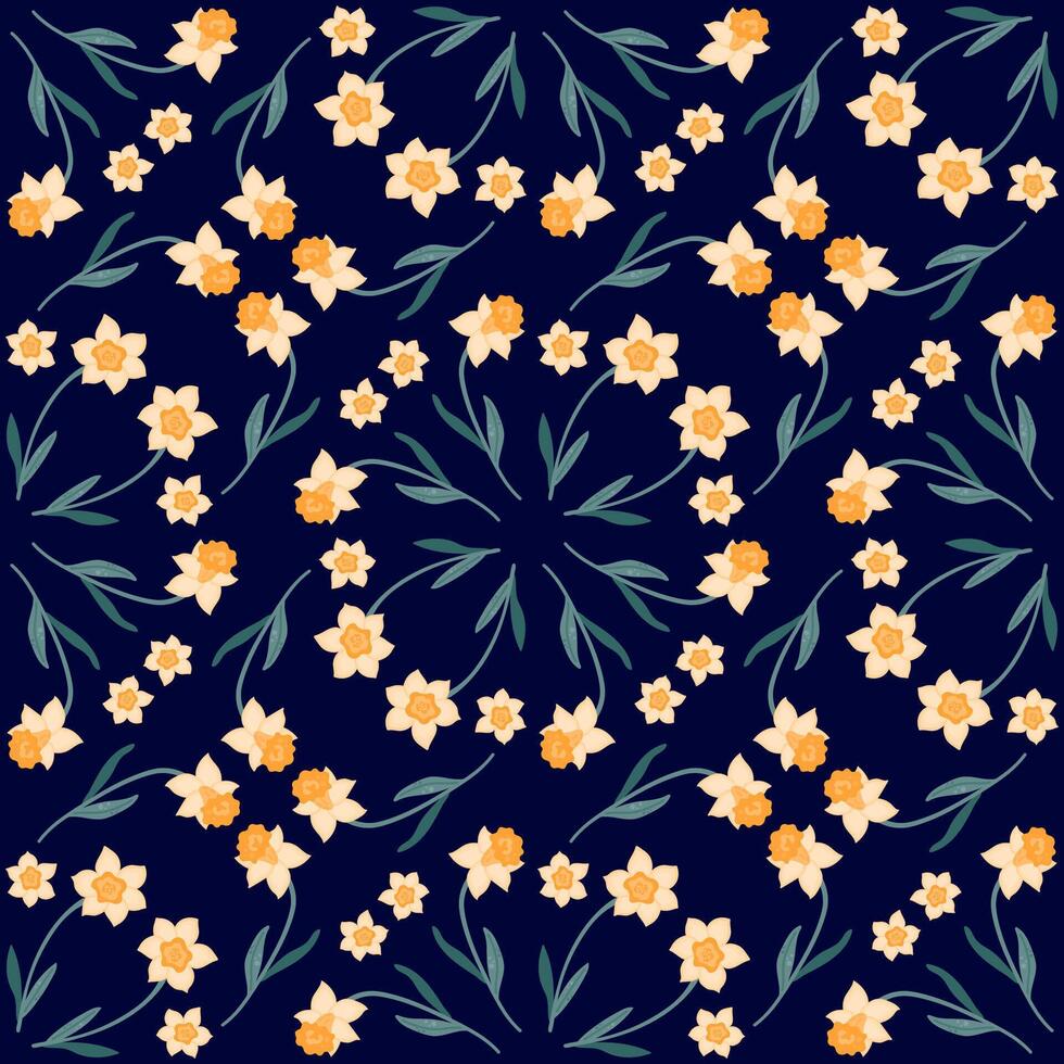 Seamless pattern of daffodils on a dark background. Garden flowers, daffodils. vector