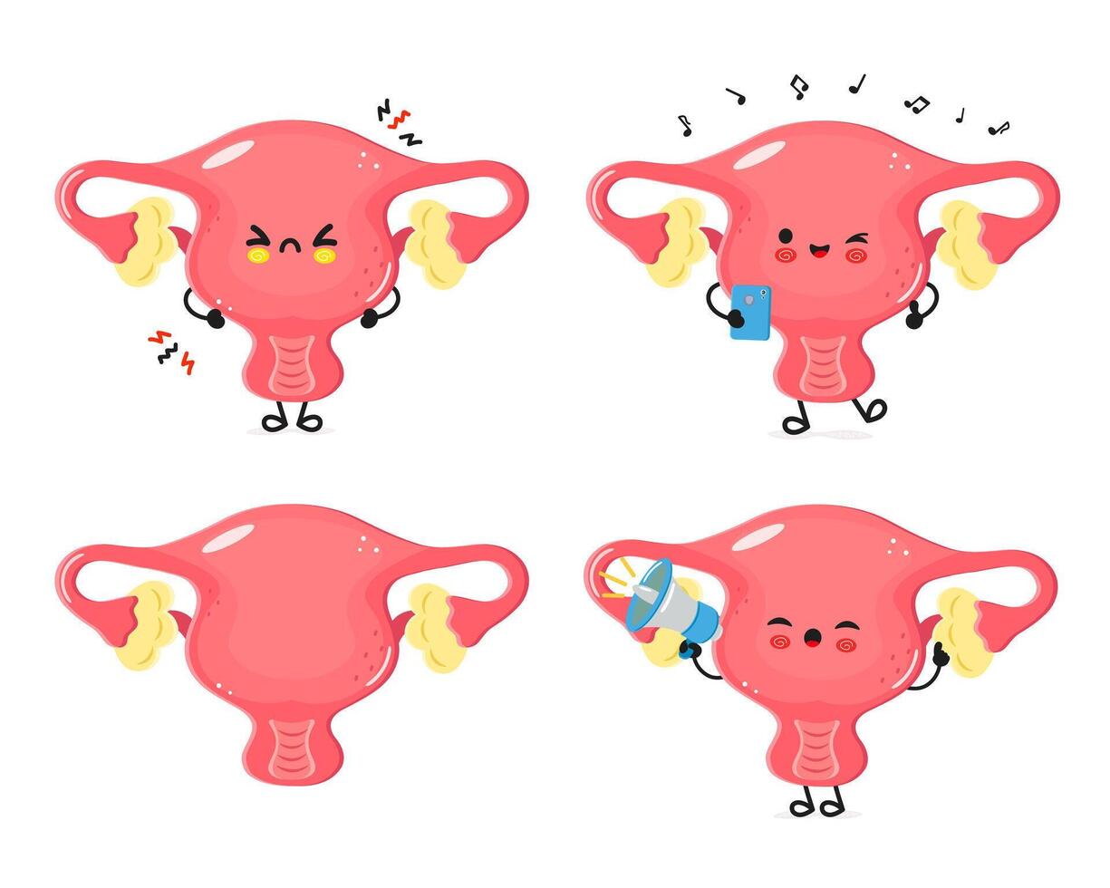 Cartoon Uterus characters with diverse emotions and actions vector