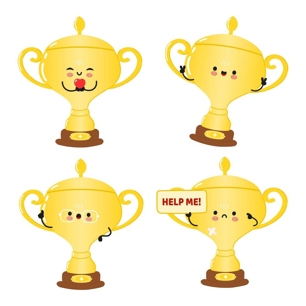 Funny Golden trophy cup characters bundle set. hand drawn doodle style cartoon character illustration icon design. Cute Golden trophy cup mascot collection vector