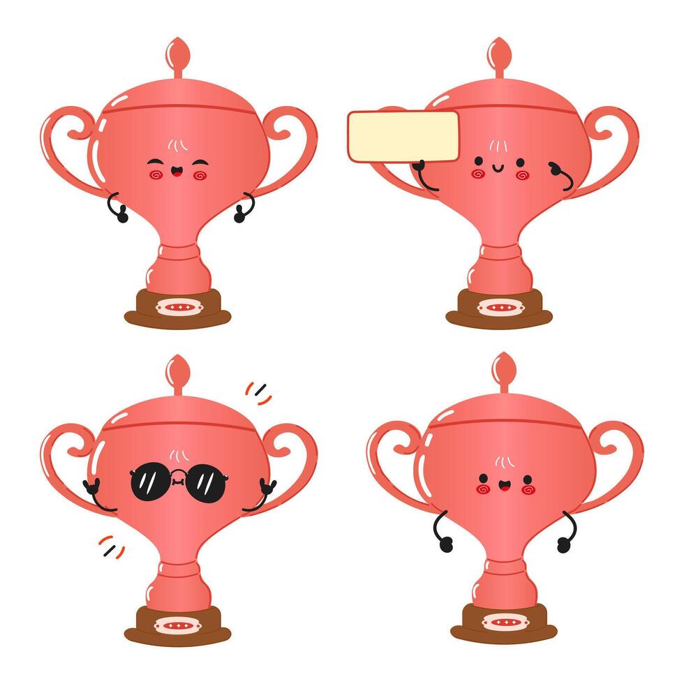 Funny Bronze Trophy Cup Characters Cute Cartoon Trophy Mascot Bundle Set vector