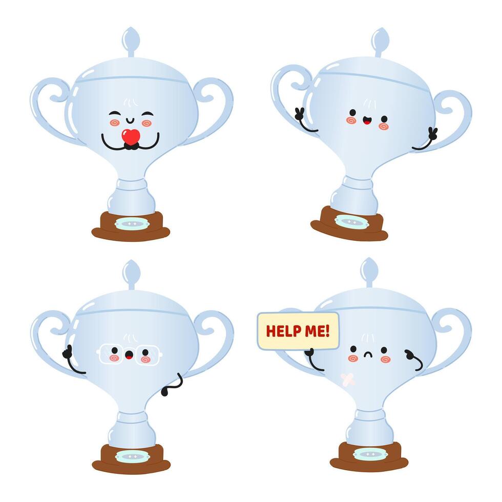 Funny Silver trophy cup characters set. hand drawn doodle style cartoon character illustration icon design. Cute Silver trophy cup mascot character collection vector