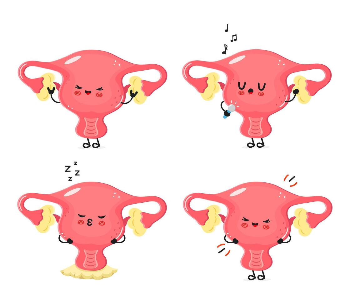 Cartoon Uterus characters with diverse emotions vector