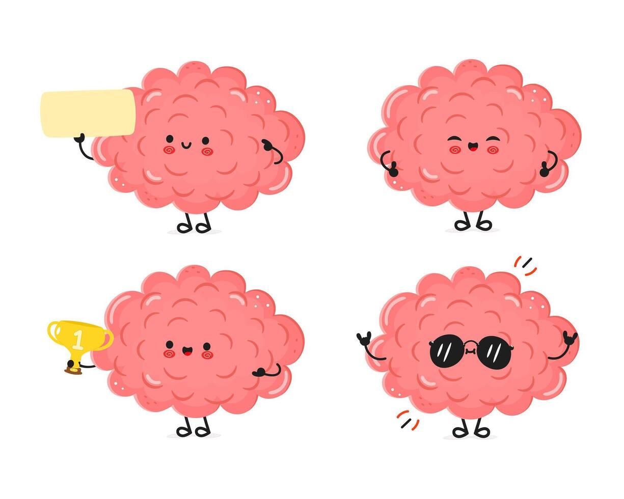 Funny Brain characters bundle set. hand drawn doodle style cartoon character illustration icon design. Cute Brain mascot collection vector