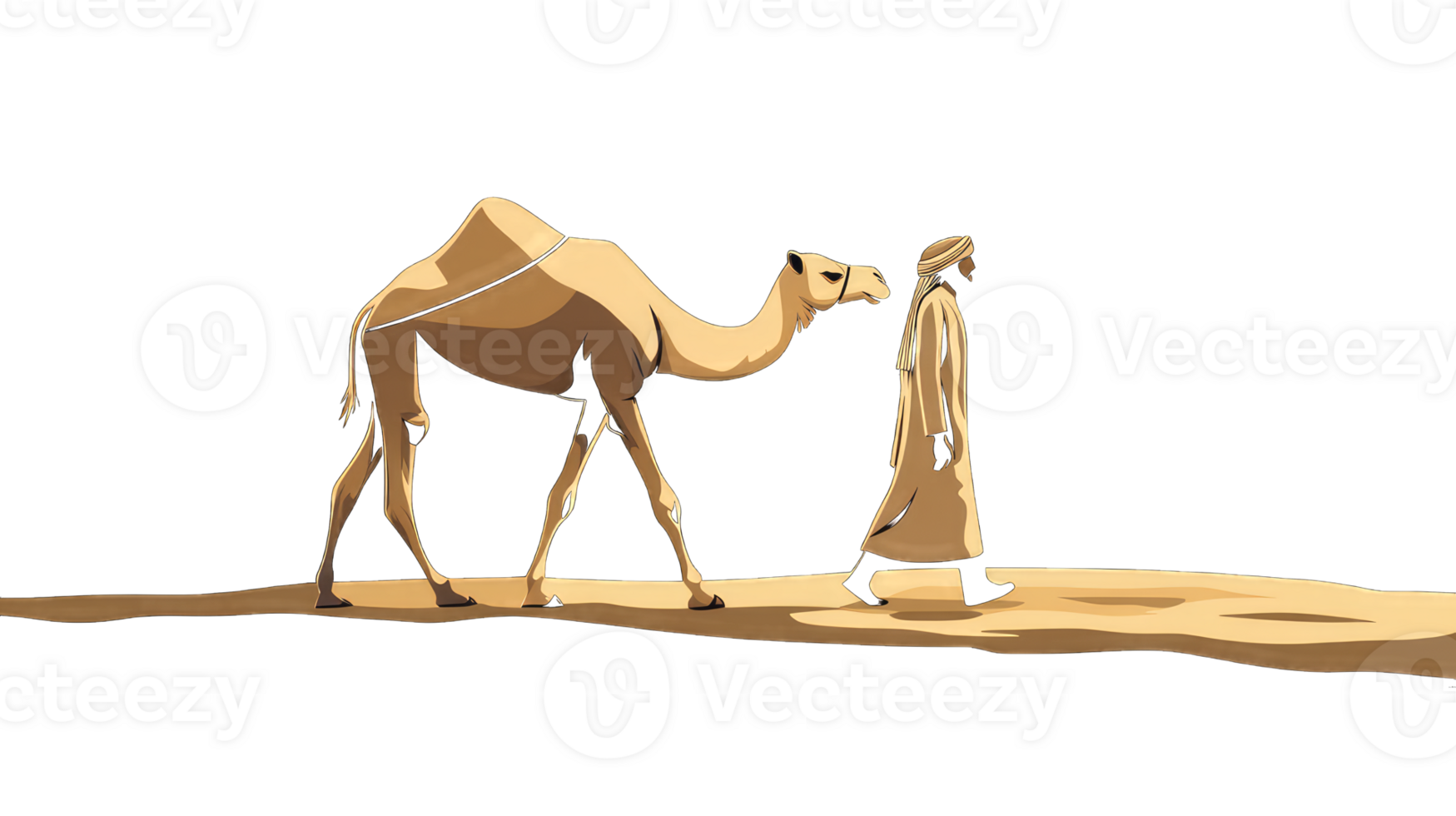 Camel and Man Walking in Desert at Sunset Silhouette png