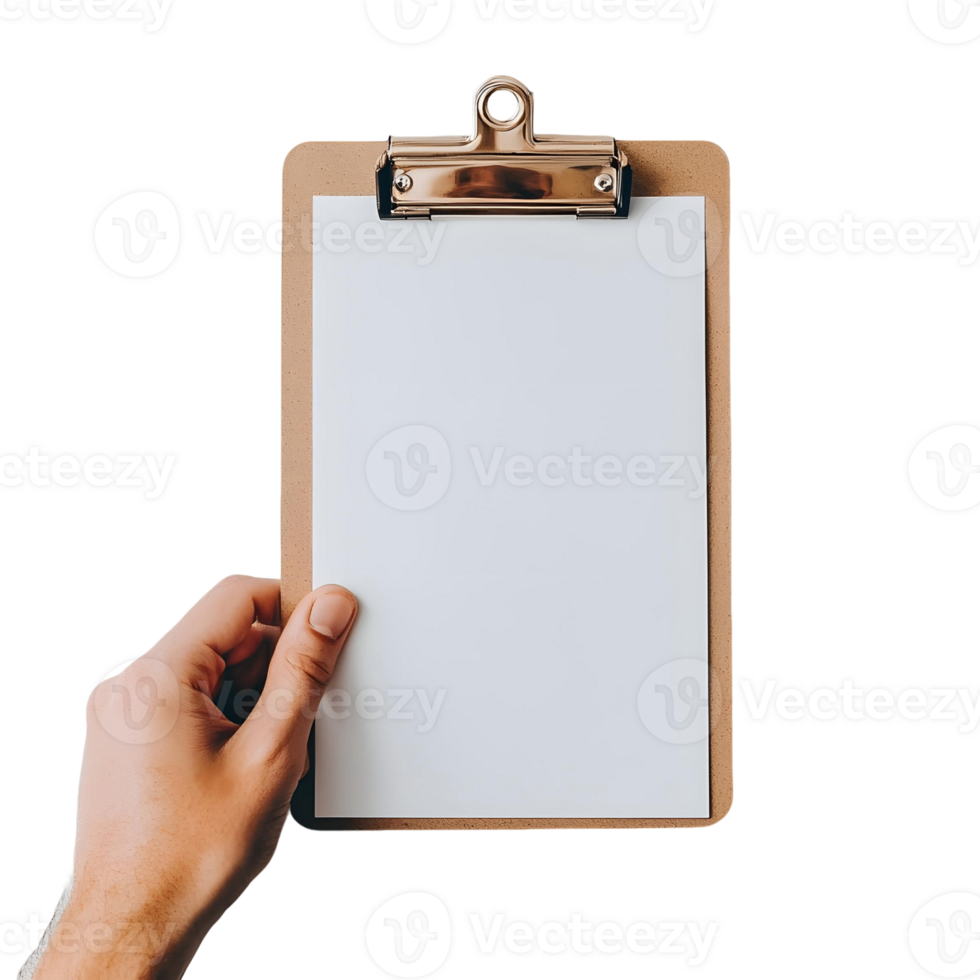 Hand Holding a Clipboard with a Blank White Sheet of Paper png
