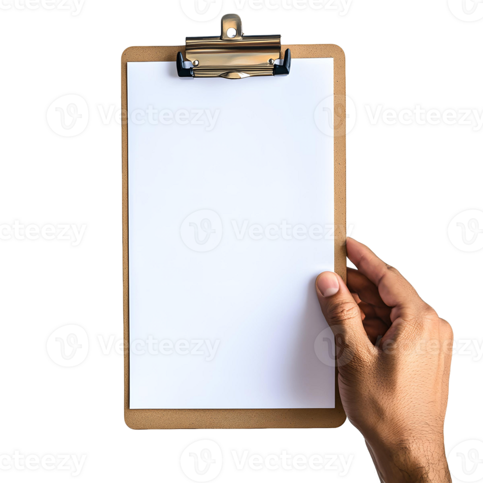 Clipboard with Blank White Sheet of Paper in Hand png