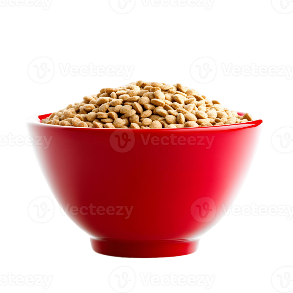 A Red Bowl Overflowing with Small, Round Brown Pet Food Pellets png