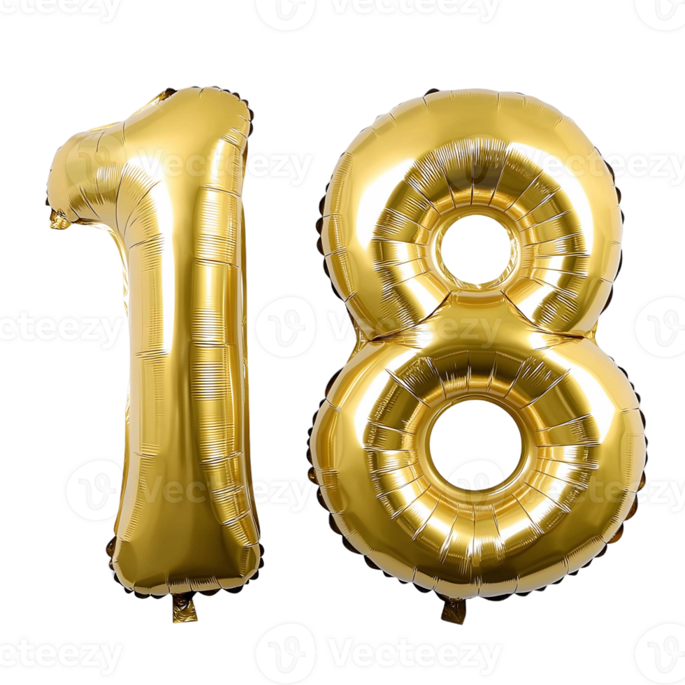 Shiny Gold Foil Balloons in the Shape of the Number 18 png