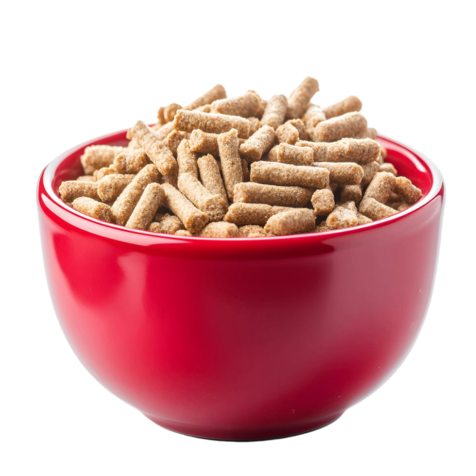 Red Bowl Containing Brown, Round Pet Food Pellets for Pets png
