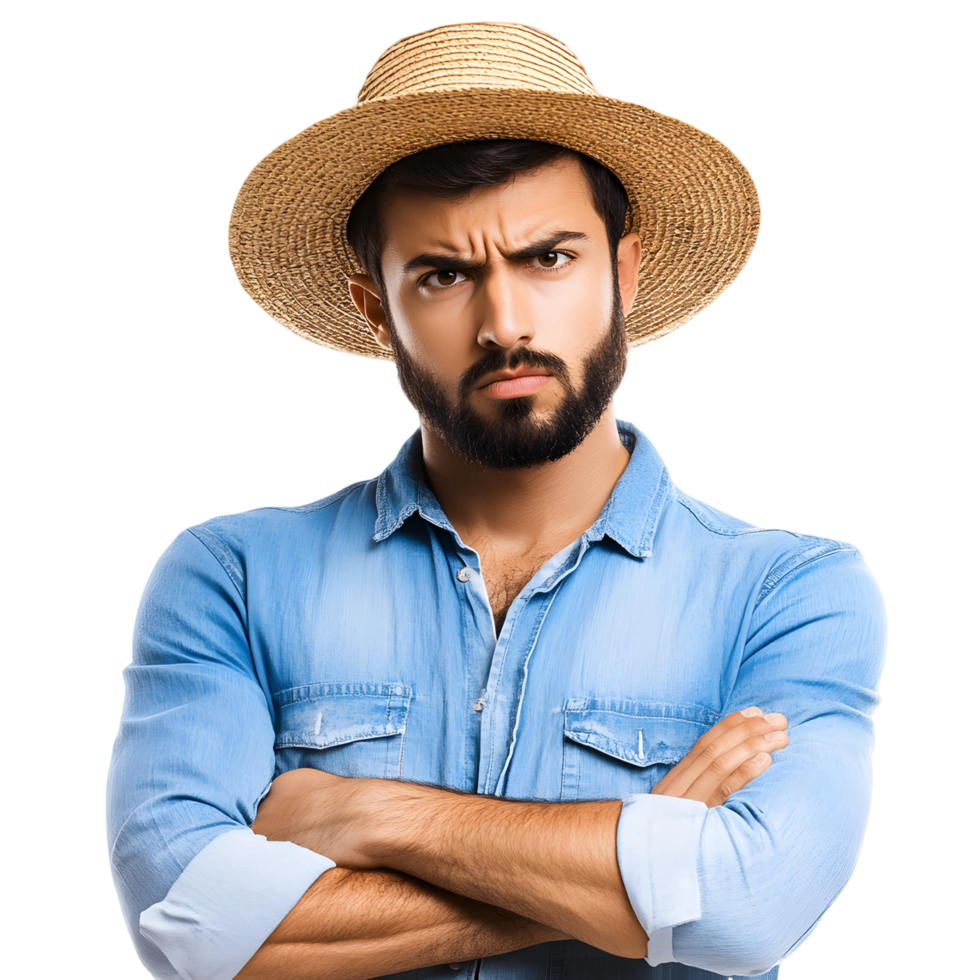 Confident Farmer Wearing a Blue Shirt and Brimmed Straw Hat png