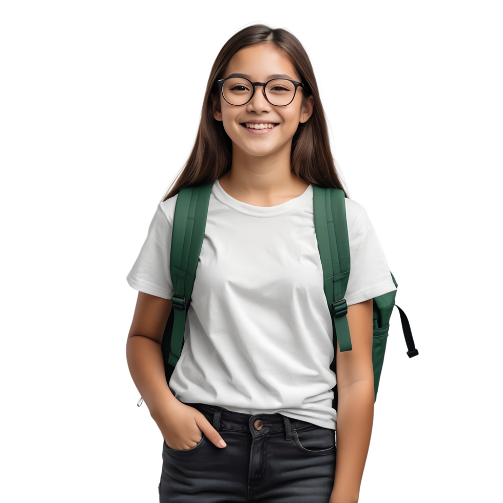Happy Young Student in White T-Shirt and Green Backpack png