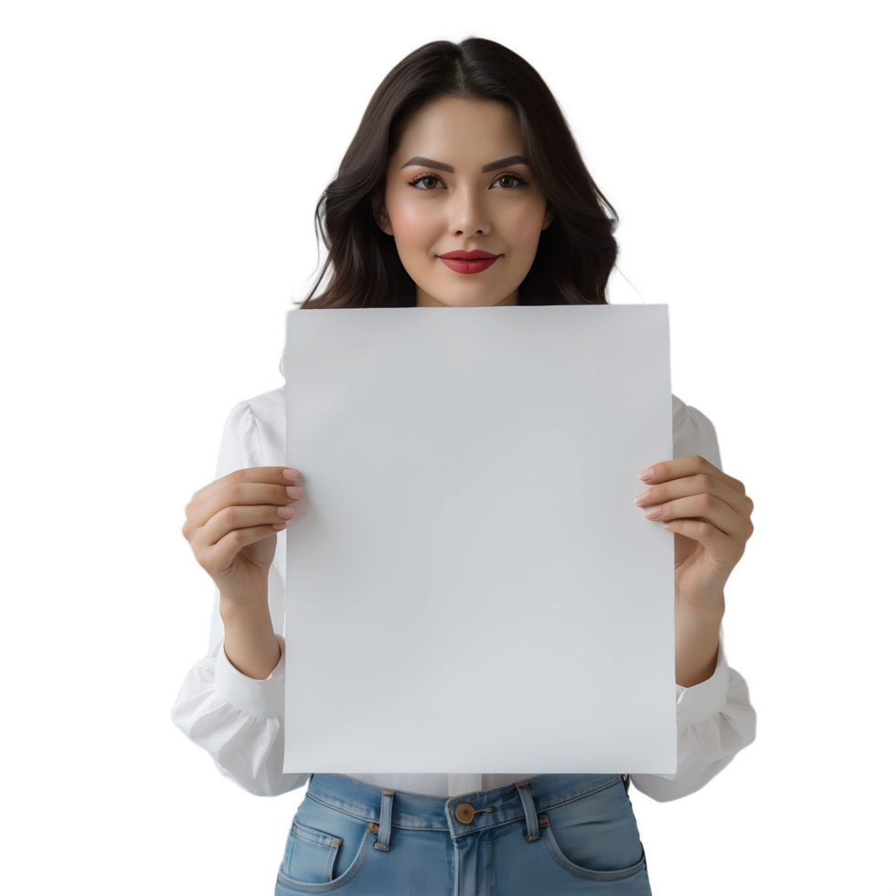 Portrait of a Happy Woman Holding Sign Insert Your Text png