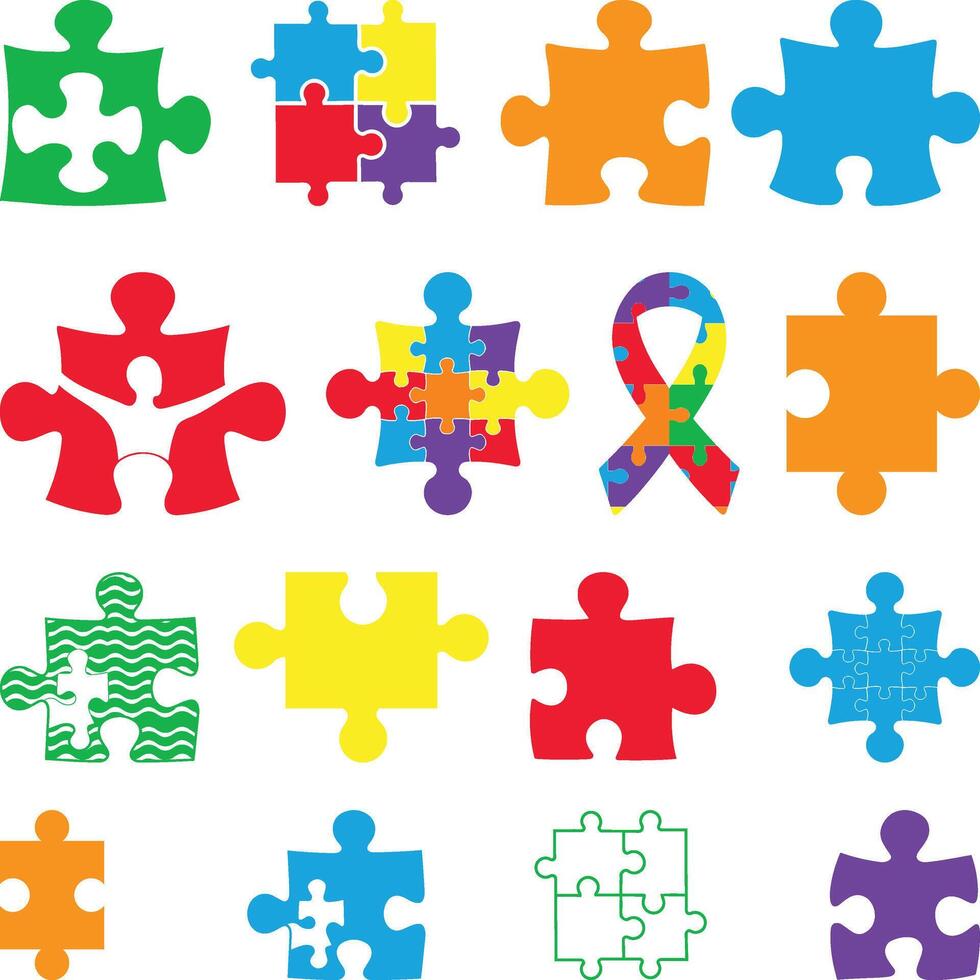 Jigsaw Puzzle Pattern Set , Autism Awareness Puzzle Pieces Illustration vector