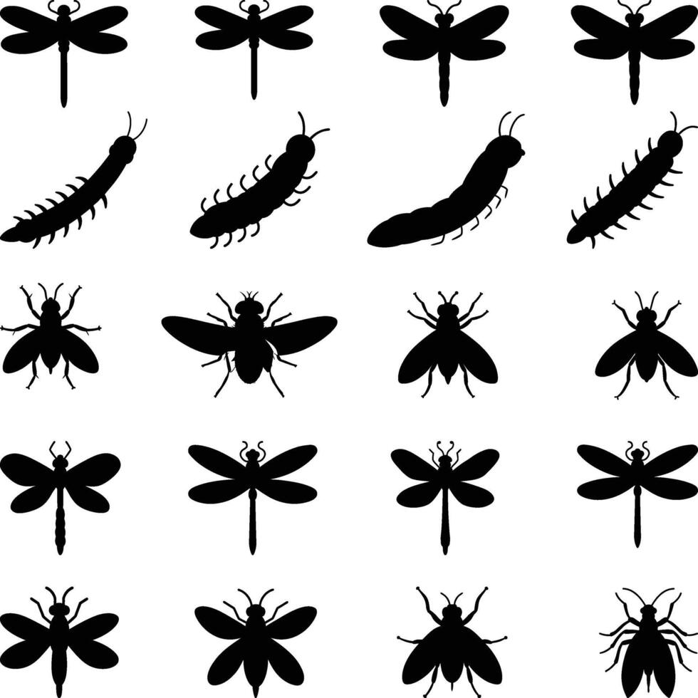 Insect Silhouettes Collection Set, Cute Set Insects Bugs Illustration vector