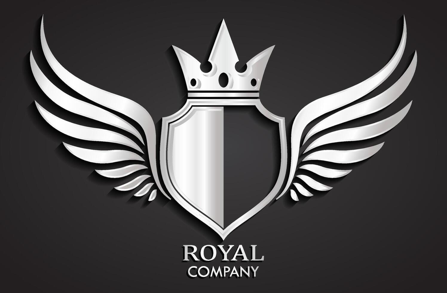 3d silver winged heraldry shield with crown logo vector