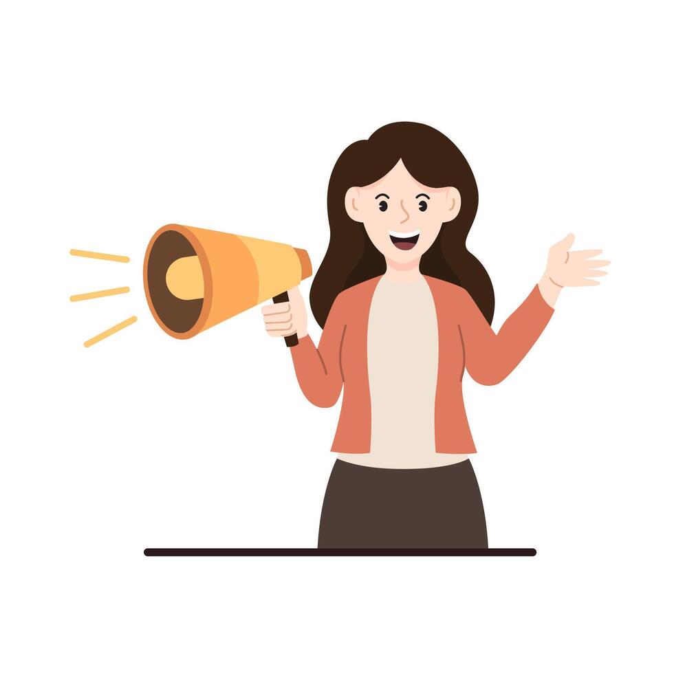 Product promotion woman illustration. Digital marketing character illustration. Career woman. Female content creator. woman holding a loudspeaker vector