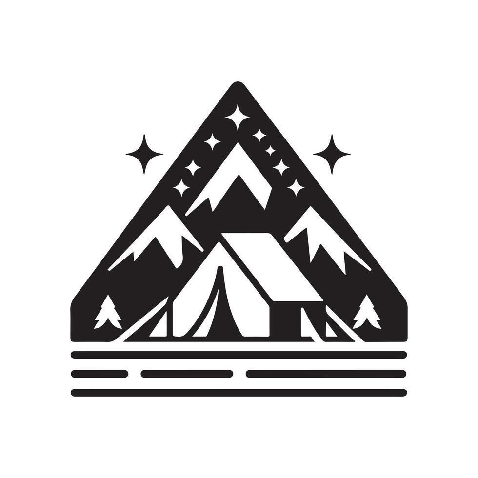 Camping tent in front of snow mountain silhouette. vector