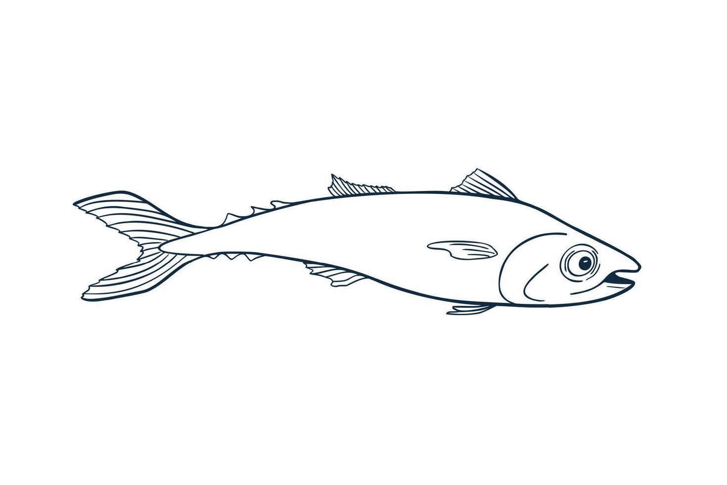 Mackerel silhouette black white illustration. Bluefish sketch hand drawn. King sea fish painted ink linear art. Bonito tuna drawing in outline. Design element for package, label, sign board. vector
