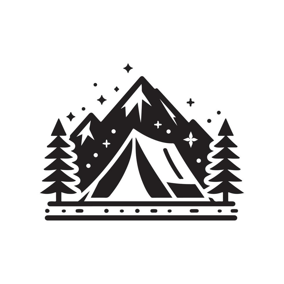 Campground silhouette with mountain and pine trees vector