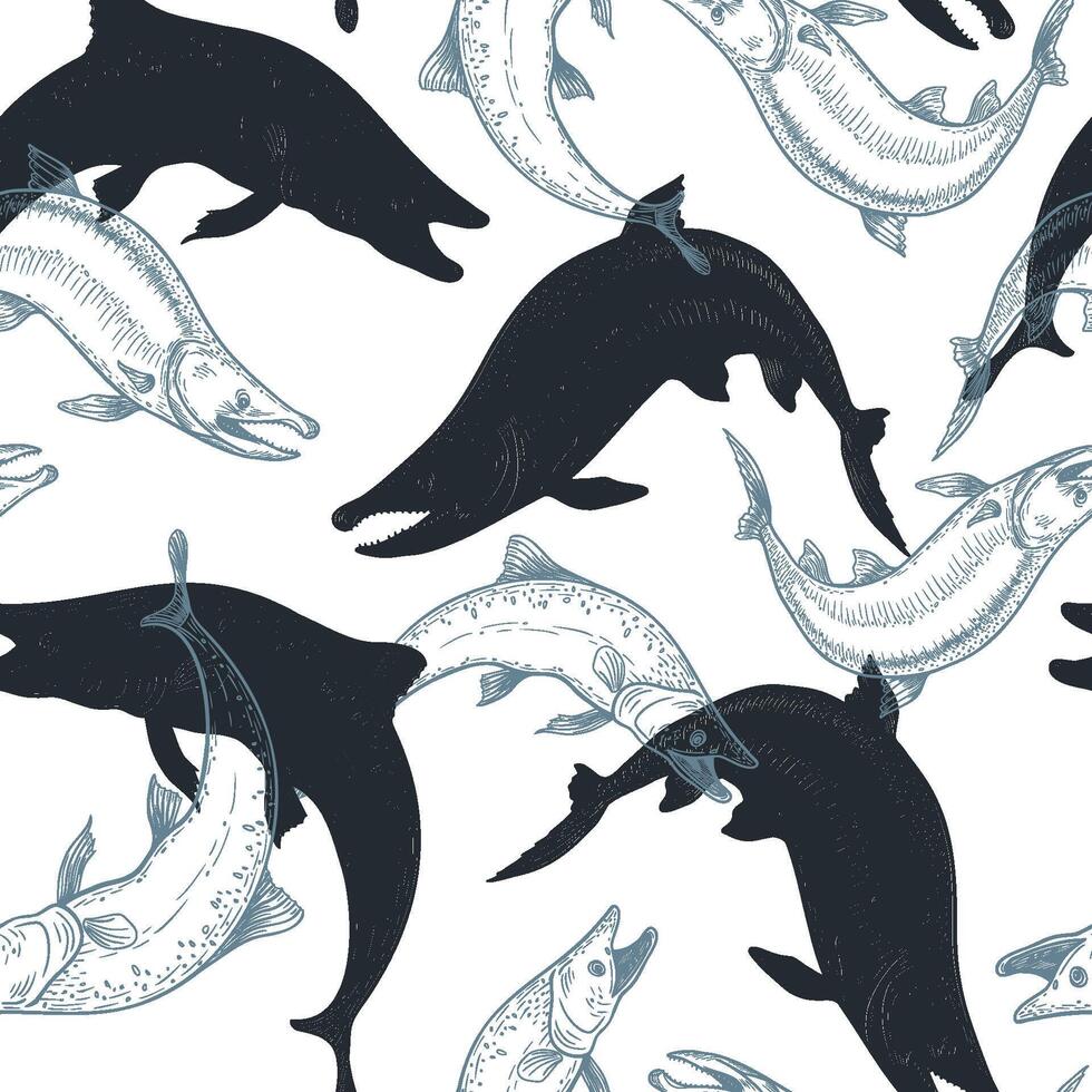 Pike fish seamless pattern in black and white . Hand drawn predatory fish with sharp teeth vintage engraving style. Repeating aquatic design for packaging, fabric, wrapping paper, marine decor. vector