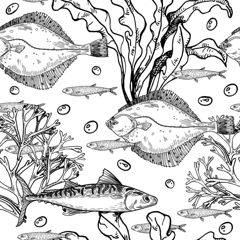 Flounder fish, coral reefs, and seaweed black white seamless pattern. Ocean life monochrome print hand drawn. Flatfish, mackerel and marine plants for fabric, packaging, scrapbooking design. vector
