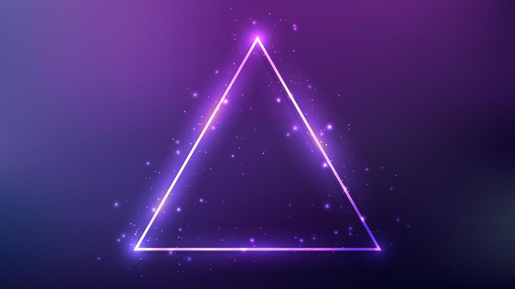 Neon triangle frame with shining effects and sparkles on dark purple background. Empty glowing techno backdrop. illustration vector