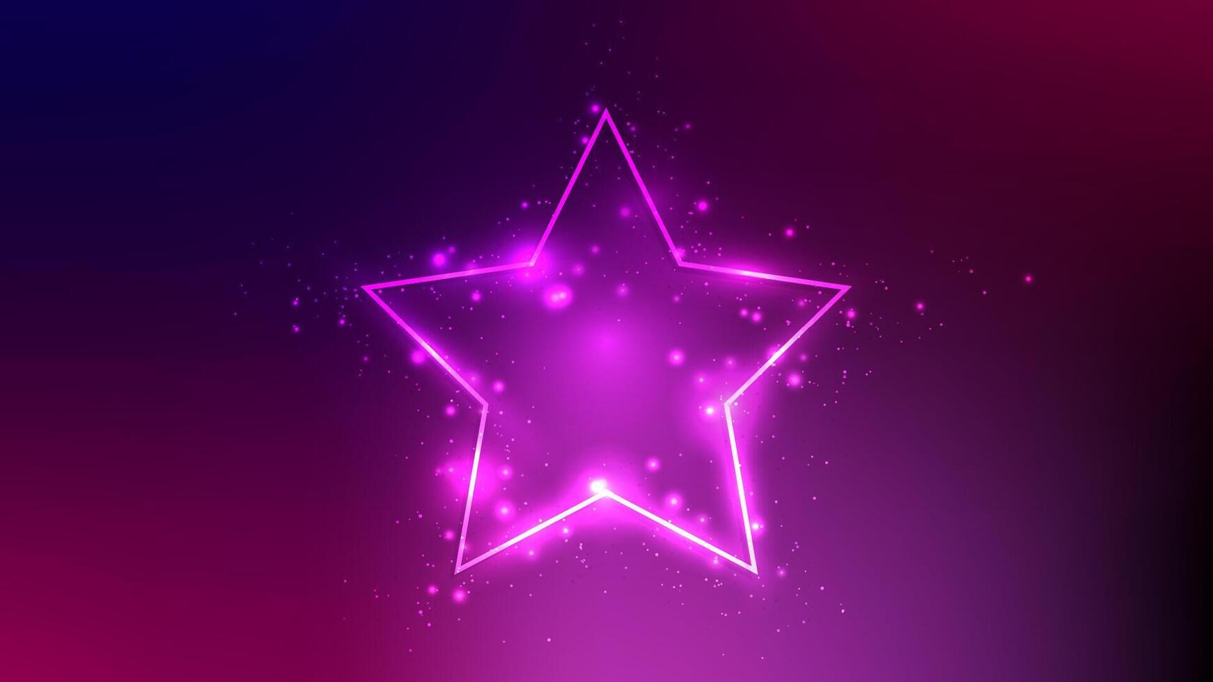 Neon frame in star form with shining effects and sparkles on dark purple background. Empty glowing techno backdrop. illustration vector