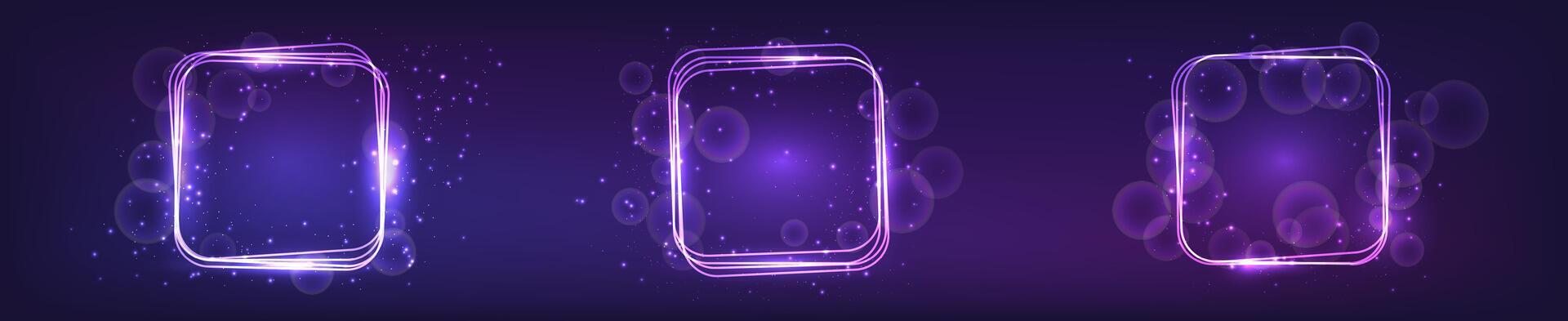 Set of three neon rounded square frames with effects and sparkles on dark background. Empty glowing techno backdrop. illustration vector