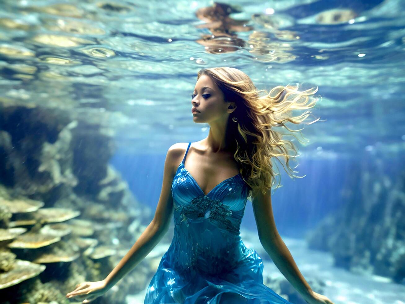 A beautiful woman in a blue dress under water photo