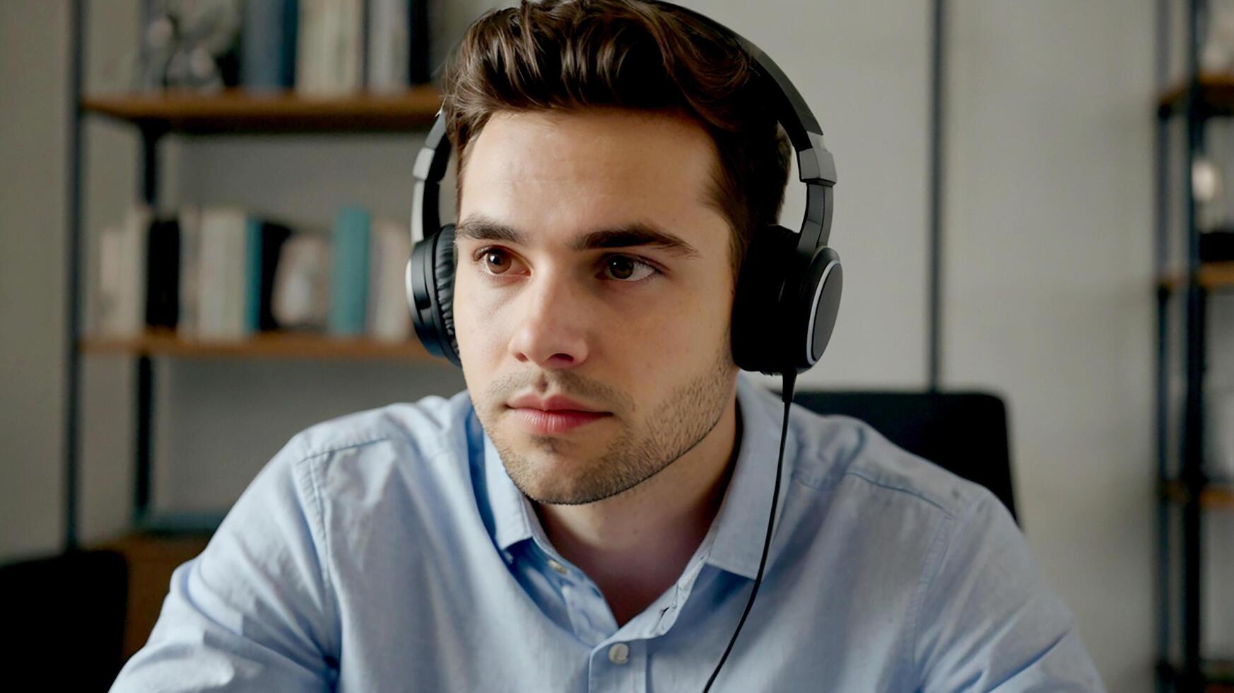 A man wearing headphones in front of a computer photo