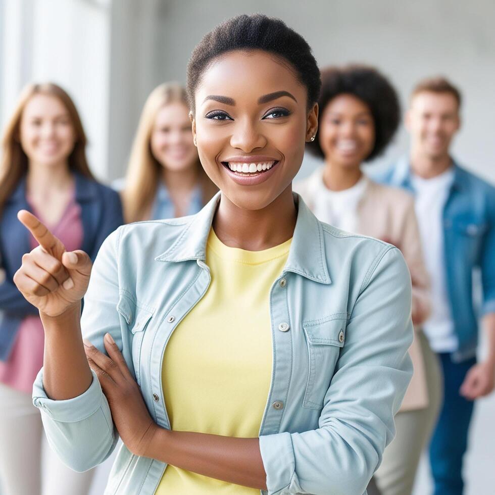 A smiling young woman pointing at the camera with her team behind her photo