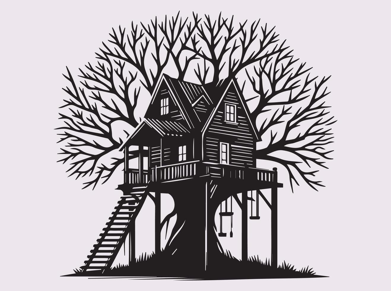 Bold Black Tree House in Branches Silhouette for Adventure and Cozy Art Concepts vector